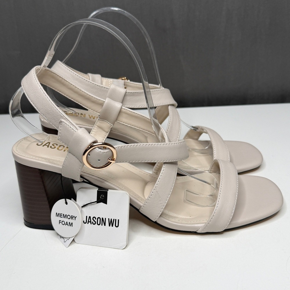Jason Wu Block Heel Sandals Womens 10 Cream Crisscross Strap Ring Buckle Comfort